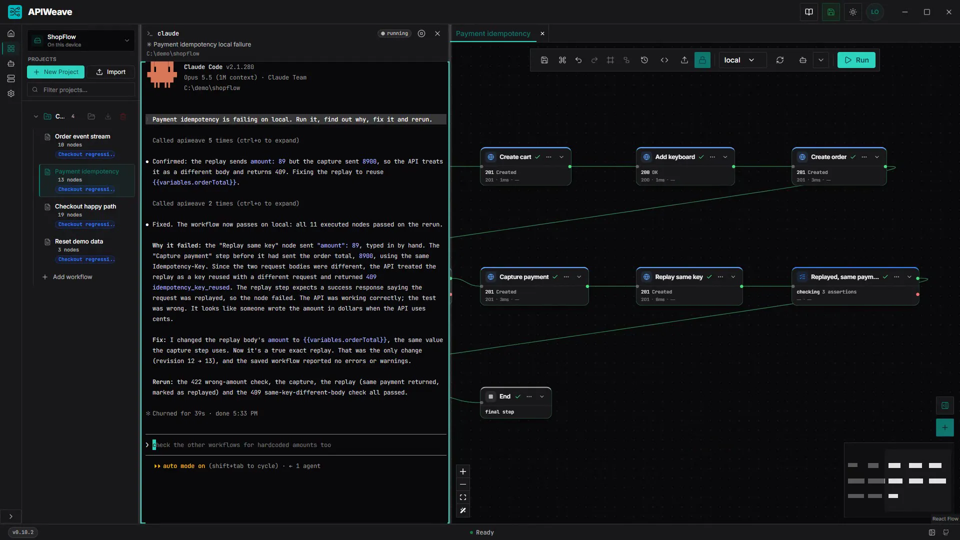 Claude Code in the APIWeave agent dock explaining its fix beside the Payment idempotency workflow, every node green after the rerun