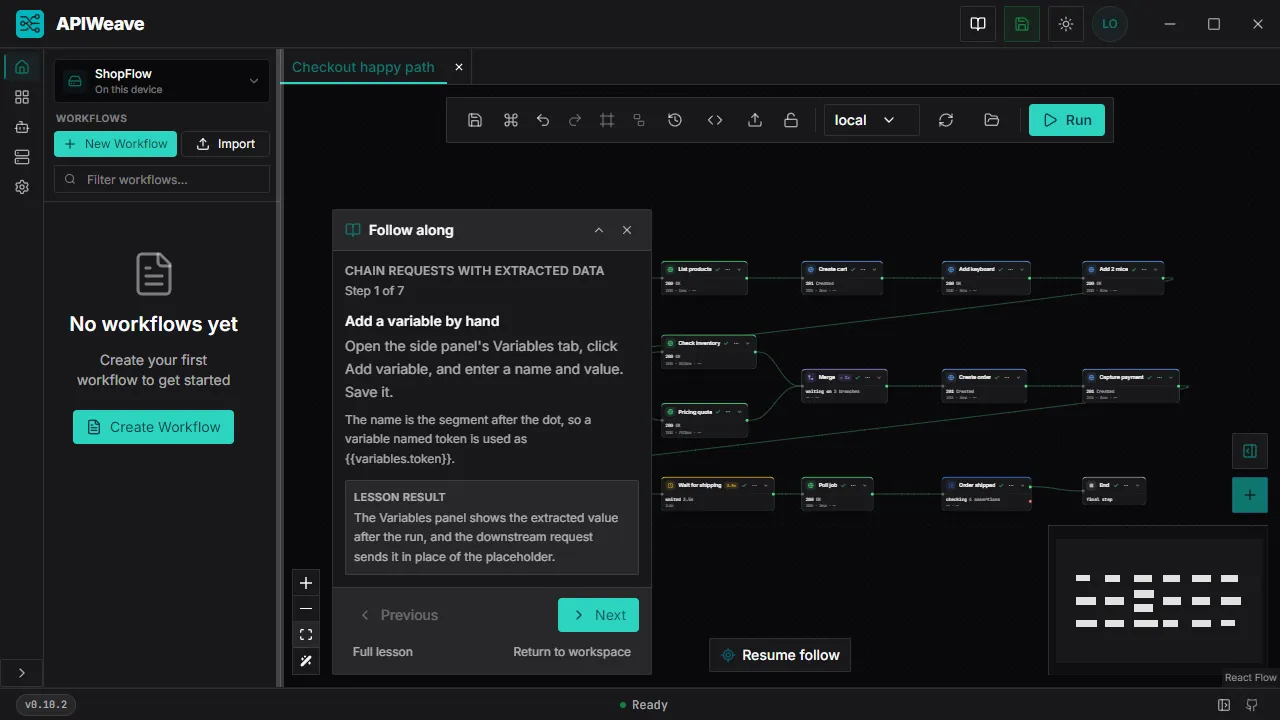 The Follow along panel on step 1 of 7 of the Chain requests with extracted data lesson, over the Checkout happy path canvas