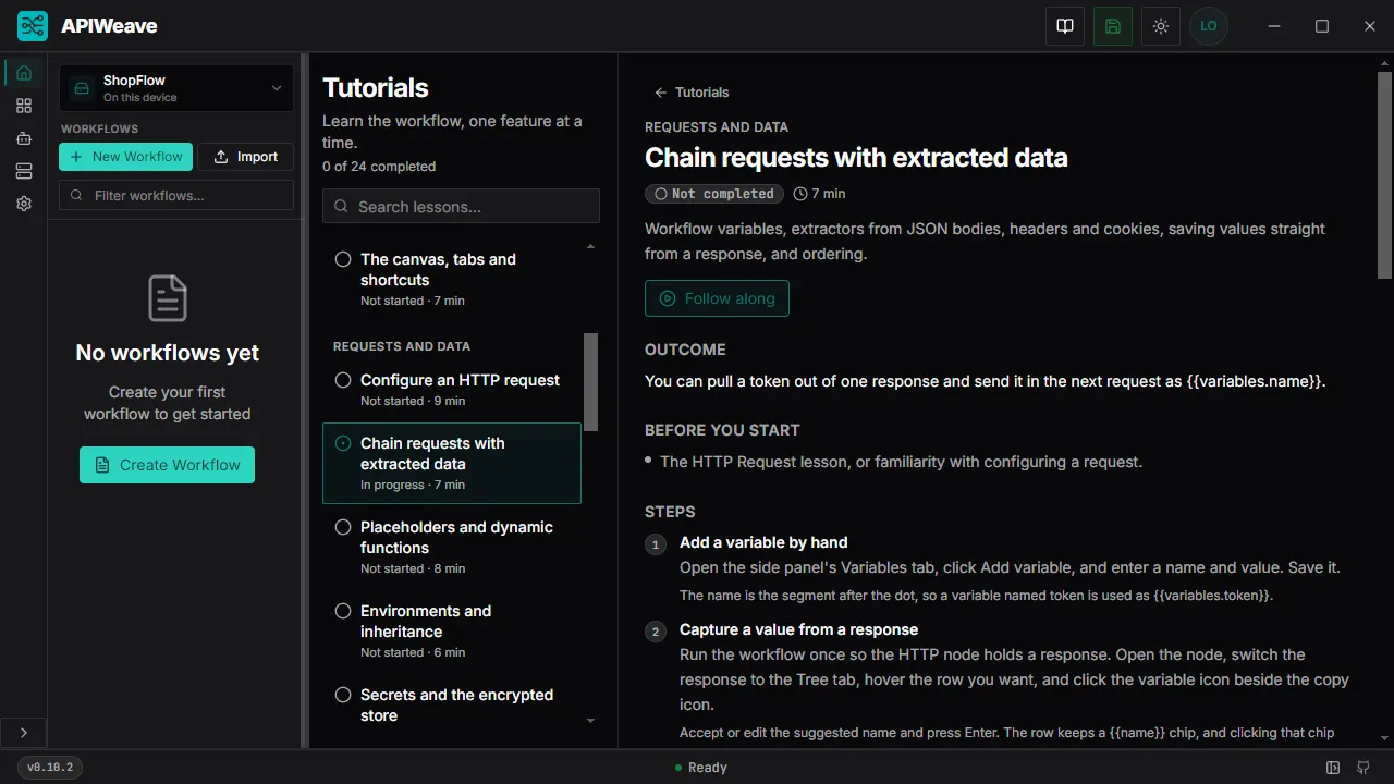 The APIWeave Tutorials library with 24 lessons in 7 chapters and the Chain requests with extracted data lesson open